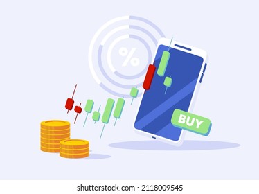 ilustración vectorial de las operaciones en la bolsa de valores utilizando un teléfono móvil, con una tabla de valores, monedas de oro