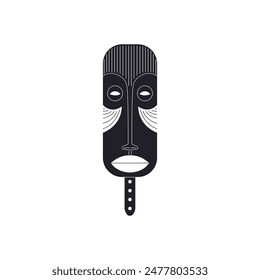 Vector illustration with a traditional African mask with intricate strokes depicting a black silhouette of a man's head with big lips. Ideal for cultural sites
