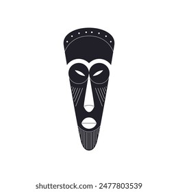 Vector illustration of traditional African masks with an elongated face and white hatching depicting a black silhouette. Ideal for tourism projects.