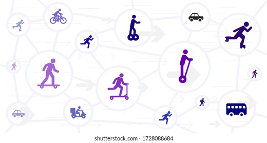 vector illustration of traditional and alternative transport devices and vehicles scheme