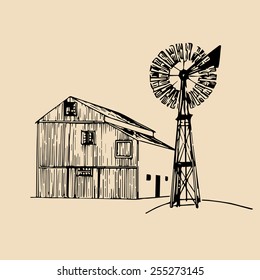Vector illustration of traditional american farm barn with windmill in hand sketched style. Organic bio products poster. Eco food sign. 