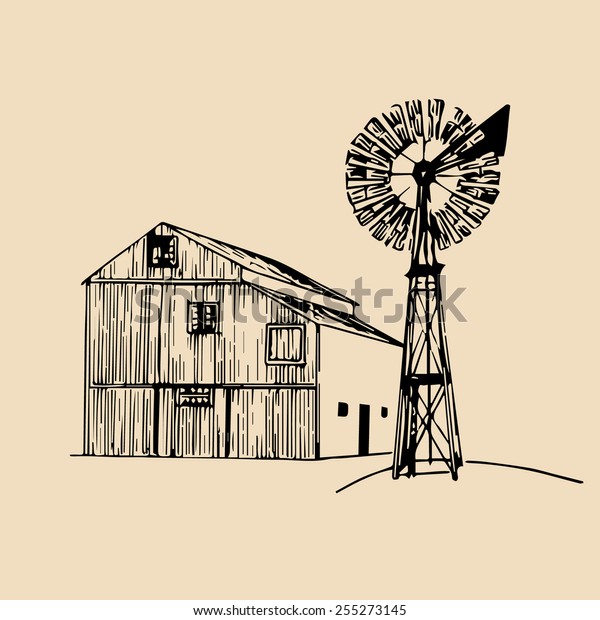 Vector illustration of traditional american farm barn\
with windmill in hand sketched style. Organic bio products poster.\
Eco food sign. 