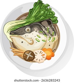 Vector illustration of a traditional Asian fish soup with fresh vegetables, showcasing vibrant colors and detailed composition