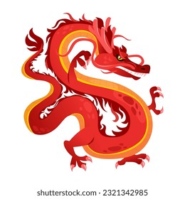 Vector illustration of a traditional Asian red dragon isolated on white background. Icon of a Chinese zodiac symbol, a magical legendary creature in cartoon style. Creative design element.