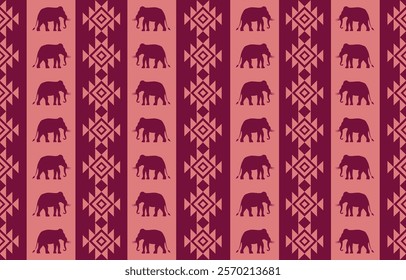 Vector illustration of a traditional Asian-inspired pattern. Silhouettes of elephants are combined with geometric shapes, Perfect for textile, wallpaper, and graphic design projects.