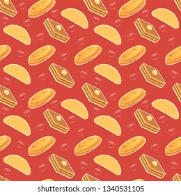 vector illustration traditional bakery for Novruz Bayram Holiday, baklava, shekerbura and qoqal in seamless pattern