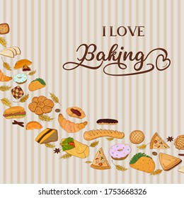 Vector illustration with traditional bakery products in the form of a corner frame.