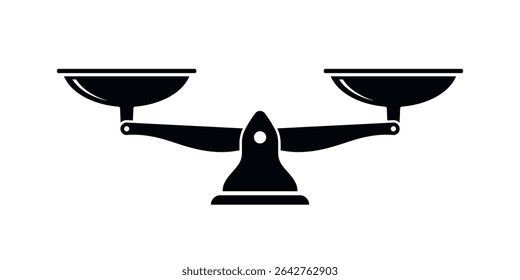Ilustração vetorial de uma escala de equilíbrio tradicional em estilo de silhueta preta, mostrando peso igual. Representa equidade, justiça, igualdade e comparação precisa em contextos jurídicos ou empresariais.