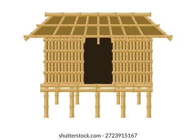 Ilustración vectorial de una casa tradicional de bambú sobre pilotes con paredes de bambú tejidas y techo de bambú. Aislado sobre fondo blanco.