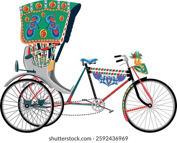 Vector illustration of a traditional Bangladeshi rickshaw with colorful hand-painted artwork. A perfect cultural representation for travel, transport, and folk art design projects.Bangladeshi Rickshaw