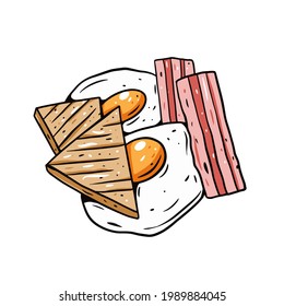 Vector illustration of a traditional breakfast featuring two fried eggs, crispy bacon strips, and a slice of bread. Colorful and appetizing meal with bold black outlines on a white background