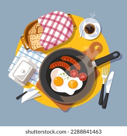 Vector Illustration of traditional breakfast with scrambled eggs, sausages, bread, a cup of coffee. Top view. Classic continental breakfast. Morning food.