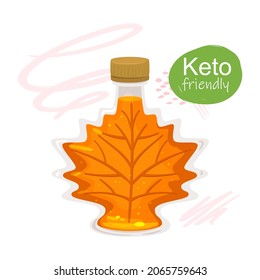 Vector illustration of traditional Canadian maple syrup in a maple leave shape glass jar. Keto diet friendly product. Cartoon style packaging illustration. Isolated on white background.