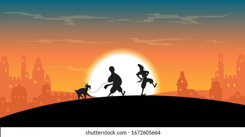 vector illustration of traditional characters Kosa and Kechel walking in the sunset towards city with a goat symbol of Spring, Novruz Bayram illustration, east city