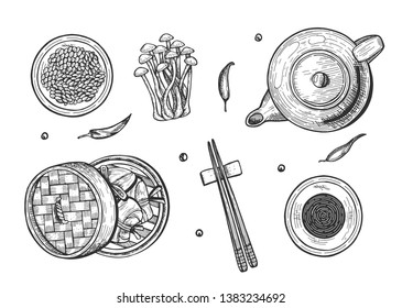 Vector illustration of traditional chinese food set. Top view of rice dumplings Zongzi in banana leaves, tea pot, soy sauce, chopsticks, enokitake mushrooms. Vintage hand drawn style.