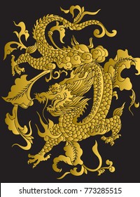 vector illustration Traditional Chinese golden dragon and cloud on a black background