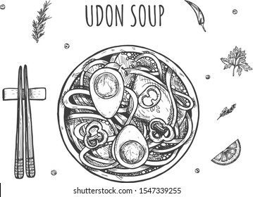 Vector illustration of traditional Chinese and Japanese dish. Exotic oriental udon noodles ramen soup with boiled eggs halves. Food chopsticks, spices. Vintage hand drawn style.