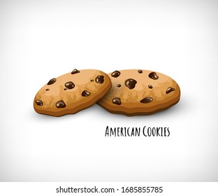 Vector illustration. Traditional chocolate chip cookies. Lettering American Cookies. Flat style. Elements for web designs.