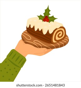 Vector illustratie van een traditionele kerst chocolade log taart buche de Noel met witte kers, geserveerd op een houten bord en in de hand gehouden. Voor feestelijke ontwerpen, bakkerij advertenties, wenskaarten