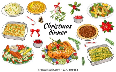 Vector illustration of traditional Christmas dishes isolated on white background. Holiday food. Classic New Year eating. Main course and garnish.
