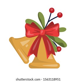 Vector illustration of traditional Christmas golden bells with red ribbon and mistletoe. Classic holiday decoration.