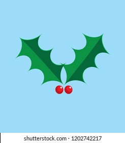 Vector illustration of traditional Christmas holly on a light blue background