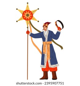 Ilustración vectorial para la celebración tradicional de Navidad o Año Nuevo. Tarjeta con eslavo y estrella eslava para Nova Viernes, vacaciones de koliada. Imagen festiva de invierno. Festival Christmastime. Natividad