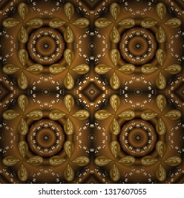 Vector illustration. Traditional classic ornament. Vintage pattern with arabesques. Illustration on brown and yellow colors. Seamless Oriental vector cute pattern with arabesques and floral elements.