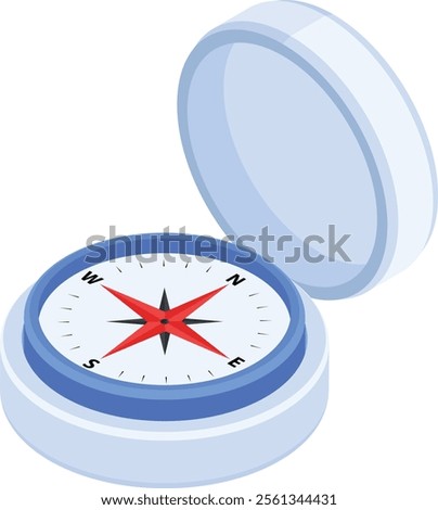 Vector illustration of a traditional compass with a blue and white design, showing cardinal directions. Ideal for travel, adventure, and navigation-related projects.