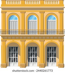 Ilustración vectorial de una casa tradicional de Cuba Vieja Habana en estilo de dibujos animados aislado sobre fondo blanco. Casas Tradicionales de la Serie Mundial