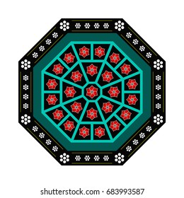 Vector Illustration of traditional decorative octagon rosette ceiling ornament of Buddhist temple with lotus flower.