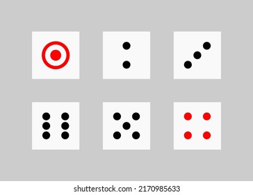 Vector Illustration Of Traditional Die With Six Faces Of Cube Marked With Different Numbers Of Dots Or Pips From 1 To 6 On Gray Background.