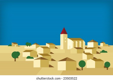 Vector illustration of traditional european small village. Only global colors. CMYK. Easy color changes.