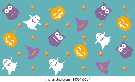 Vector illustration. Traditional flat cartoon characters and Halloween elements: pumpkin, ghost, owl and wizard hat. Cute and funny background. Print for children's clothing.