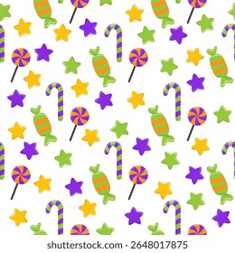 Vector illustration. Traditional flat cartoon characters and Halloween elements pumpkin, ghost, owl and wizard hat. Cute and funny background. Print for children s clothing.