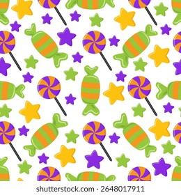 Vector illustration. Traditional flat cartoon characters and Halloween elements pumpkin, ghost, owl and wizard hat. Cute and funny background. Print for children s clothing.