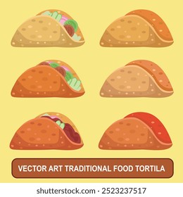 Vector illustration of traditional food tortilla stuffed with minced meat with vegetables and sauce. soft and delicious tortilla bread with a savory texture. for food, culinary and street food blogs