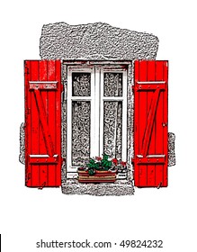 A vector illustration of a traditional French red shuttered window on white background.