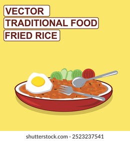 Vector illustration of traditional fried rice, served on a plate with fried egg, chicken pieces, aromatic herbs, 