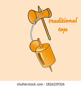vector illustration of traditional gangsing toy and the words "TRADITIONAL TOP", can be used as a logo and icon.