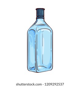 Vector illustration of traditional gin glass bottle with liquid in sketch style - hand drawn full close blue square package with alcoholic drink isolated on white background.