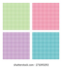 Vector illustration of traditional gingham background with fabric texture. Checkered picnic cooking tablecloth seamless pattern. Four dining cloth of different colors