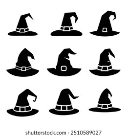 Vector illustration, Traditional Halloween decorative elements. Set of 9 witch hats isolated on white background.  Halloween silhouettes black witch hat design for decor.