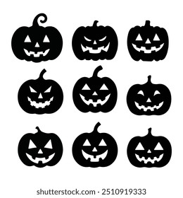 Vector illustration, Traditional Halloween decorative elements. Set of pumpkin faces isolated on white background.  Halloween silhouettes black pumpkin design for decor.