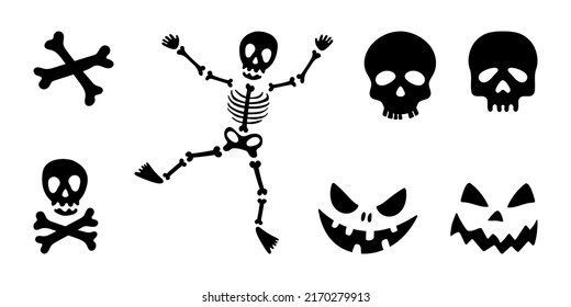 Vector illustration, traditional Halloween icons - skeleton, skull and bones. Set scary decorative elements, isolated on white background. Halloween black silhouettes - skull with bones, scary grins