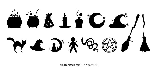 Vector Illustration, Traditional Halloween Icons, Magical Equipment. Set Magic Fairy Decorative Elements, Isolated On White Background. Halloween Black Silhouettes - Cats, Witch Hat, Brooms And Snake.