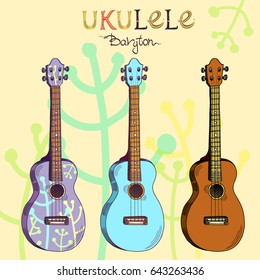 Vector illustration with traditional Hawaiian guitar in three different versions: wood, color and pattern.