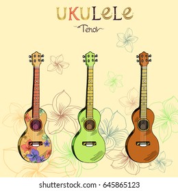Vector illustration with traditional Hawaiian guitar ukulele tenor in three different versions: wood, color and pattern. Signed with lettering.