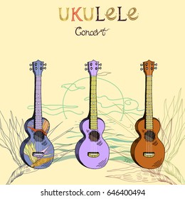 Vector illustration with traditional Hawaiian guitar ukulele concert in three different versions: wood, color and pattern. Signed with lettering.