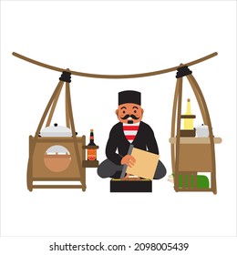 Vector illustration of a traditional hawker selling "Sate Ayam Madura", a chicken skewers dish from the island of Madura, Indonesia.